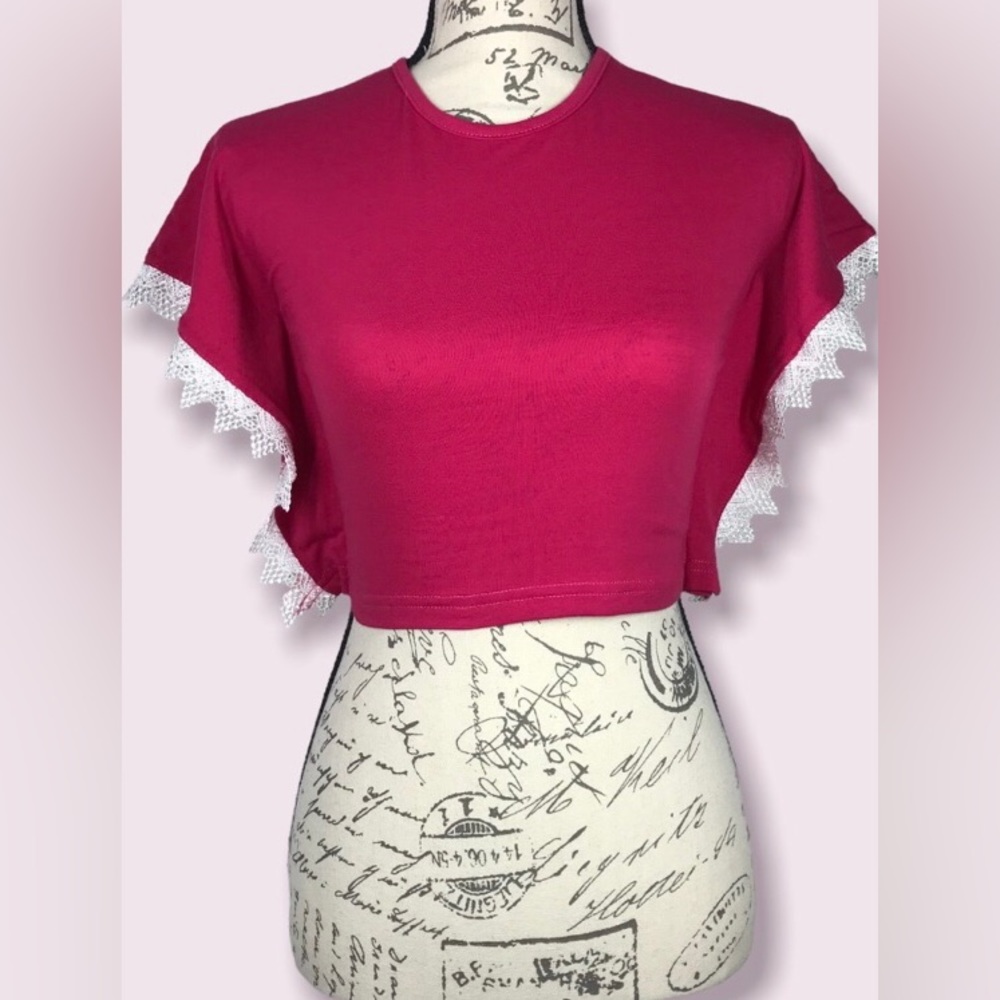 Blue Turtle Island, Cropped Tee with Lace Detail